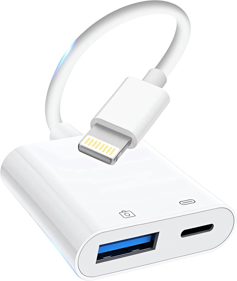 Denlane محول كاميرا Lightning إلى USB، [معتمد من Apple MFi] محول USB 3.0 أنثوي إلى iPhone iPad مع منفذ شحن، كابل محول OTG قابل للتوصيل والدخول يدعم قارئ البطاقات ومحركات الفلاش ولوحة المفاتيح - Image 1